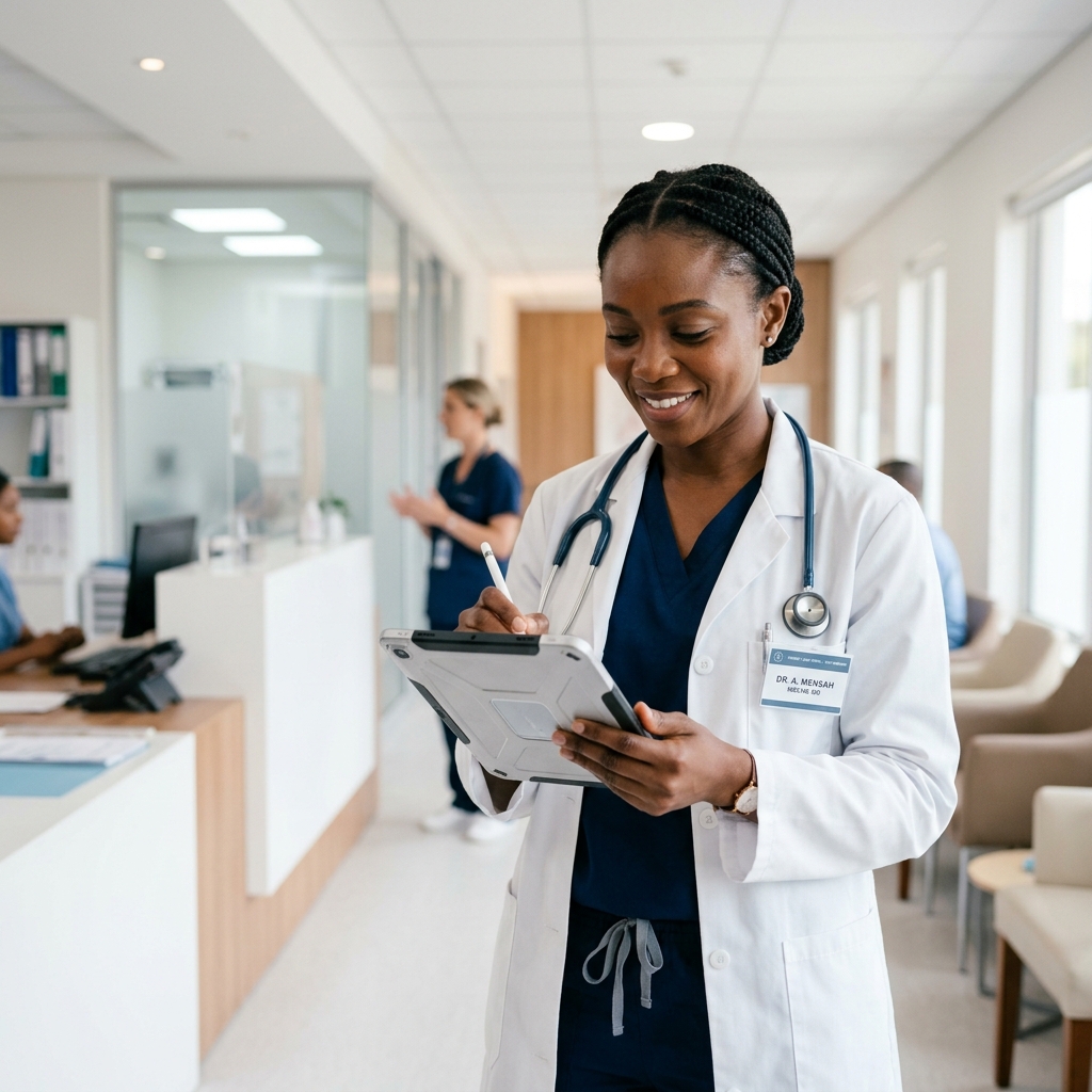 Healthcare professional using digital tablet in a clean modern clinic